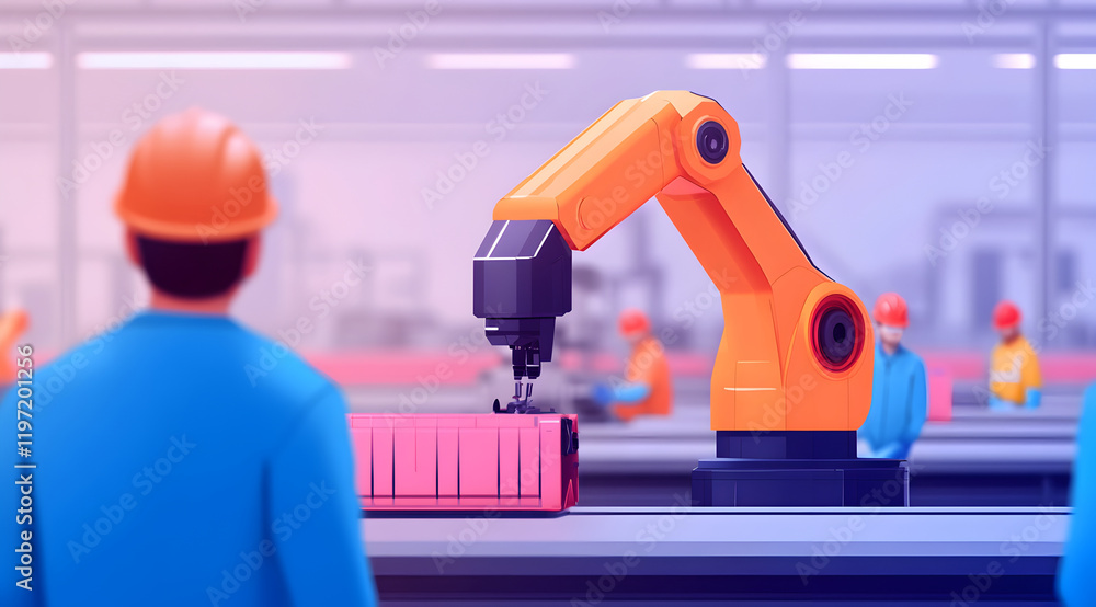 A worker observes a robotic arm assembling products in a modern factory setting, highlighting automation and technology in manufacturing. A worker observes a robotic arm assembling products in a modern factory setting, highlighting automation and technology in manufacturing.