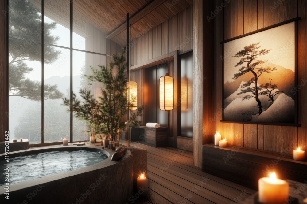 Fototapeta premium A relaxing spa interior with teak wood elements, dim V-Ray lighting, and aromatic candles placed around a hot tub