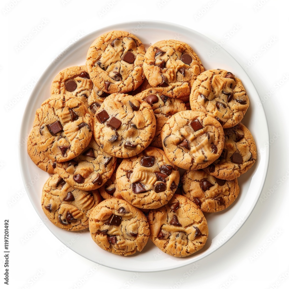 A platter of freshly baked chocolate chip cookies with a glass of milk, isolated white background, pop art style A platter of freshly baked chocolate chip cookies with a glass of milk, isolated white background, pop art style