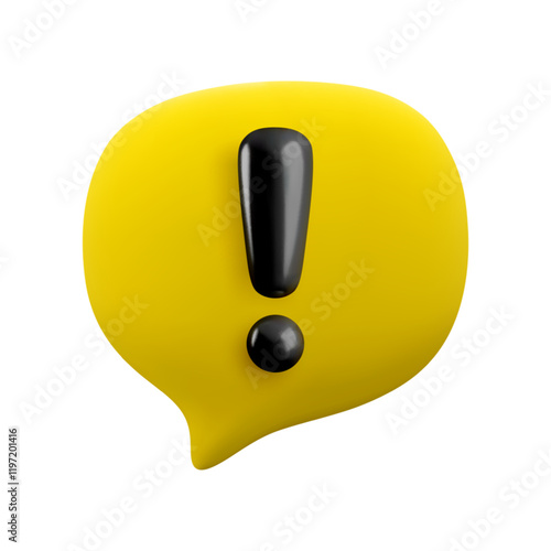 Vector cartoon 3d attention message icon. Cute realistic render of yellow speech bubble with black exclamation mark. Important message, danger warning sign, problem notice popup for mobile app, web