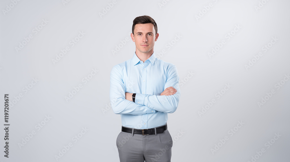 A 30 year old male professional exudes confidence and self-belief, dressed in a subtly colored shirt and posing with her arms crossed. Set against light backdrop. AI Generative. A 30 year old male professional exudes confidence and self-belief, dressed in a subtly colored shirt and posing with her arms crossed. Set against light backdrop. AI Generative.