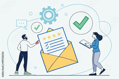 Flat design illustration, open envelope, resume document, profile picture, star rating, green checkmark, tiny business people, man in white shirt, woman in blue shirt, pale blue application, HR proces
