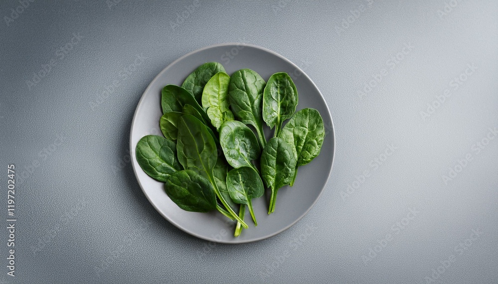 Fresh green spinach leaves on a dark plate, placed on a textured gray surface. The vibrant color and simple composition highlight the natural freshness of the spinach. Fresh green spinach leaves on a dark plate, placed on a textured gray surface. The vibrant color and simple composition highlight the natural freshness of the spinach.