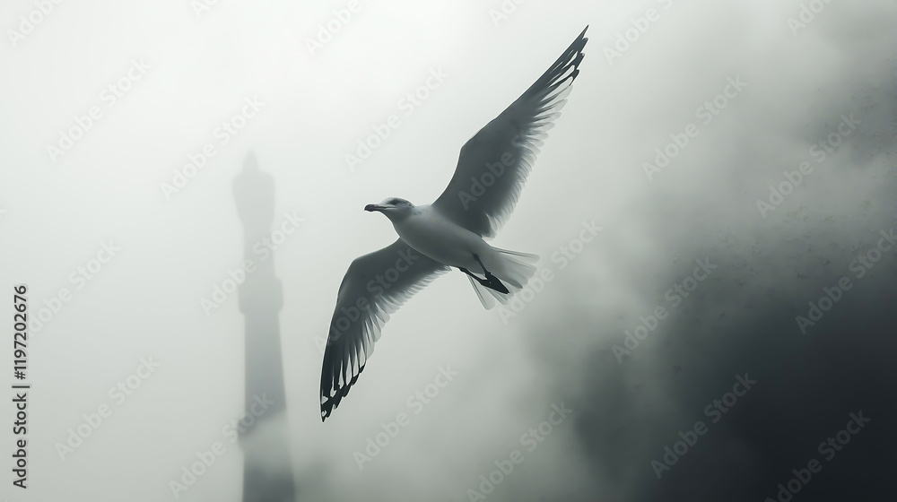 Obraz premium A seagull flying above an industrial factory releasing thick, toxic smoke from chimneys, Pollution spreading across the sky, Industrial impact, Environmental concerns