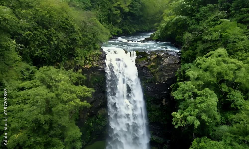 A stunning waterfall cascading through a lush rainforest surrounded by vibrant green foliage, showcasing the beauty of nature and tranquility.