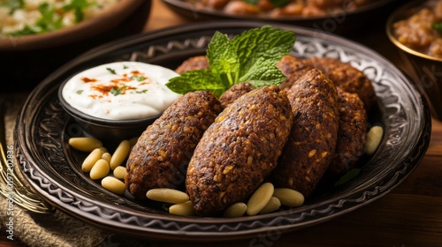 A delightful plate of Lebanese kibbeh nayeh, finely ground raw meat mixed with bulgur wheat, onions photo