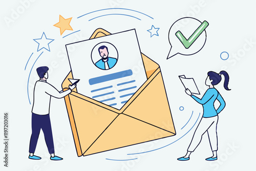 Flat design illustration, open envelope, resume document, profile picture, star rating, green checkmark, tiny business people, man in white shirt, woman in blue shirt, pale blue application, HR proces