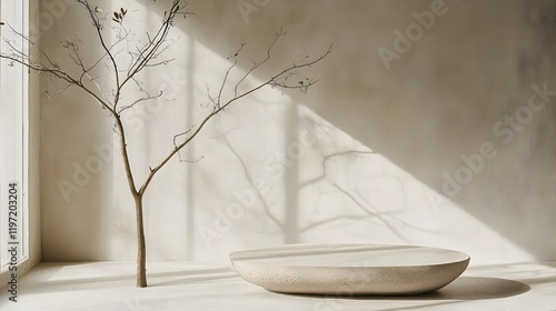 Low-profile stone podium with soft sunlight