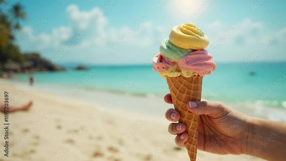Helado de tres sabores en cono sostenido por una mano en la playa soleada