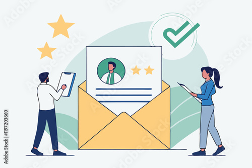 Flat design illustration, open envelope, resume document, profile picture, star rating, green checkmark, tiny business people, man in white shirt, woman in blue shirt, pale blue application, HR proces