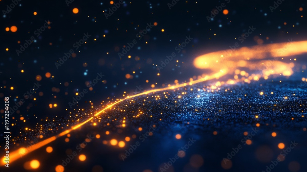 Obraz premium Glowing orange particles float over a blue background.