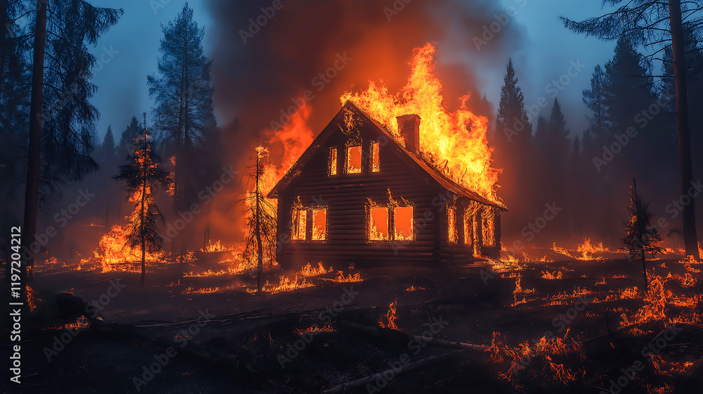 A burning wooden house in a forest, The fire is consuming the house and nearby trees within a dark forest A burning wooden house in a forest, The fire is consuming the house and nearby trees within a dark forest