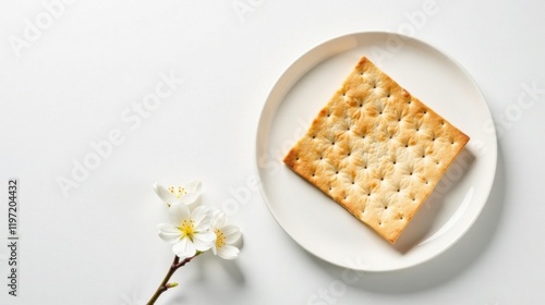 A single crispbread cracker rests on a pristine white plate, accompanied by delicate spring blossoms, creating a simple yet elegant still life. photo