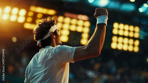 A tennis player raises his fist in victory, captured from a back view against a brightly lit stadium background, creating a powerful, energetic, and triumphant scene
