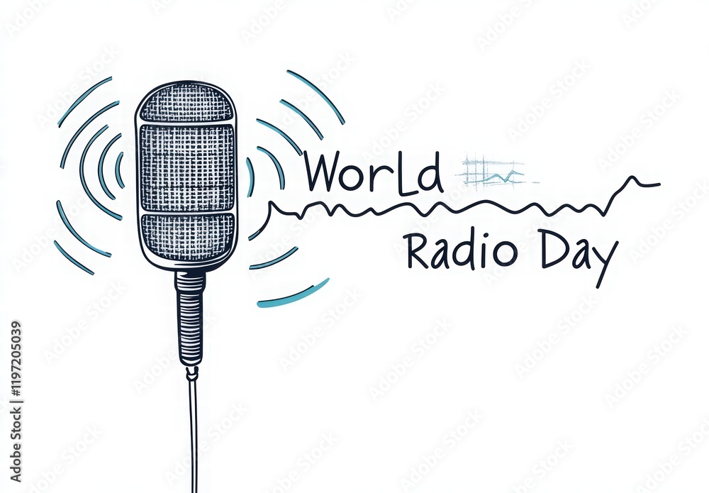 Fototapeta premium One-line drawing of a microphone with sound waves. World Radio Day