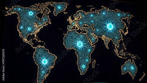 Creative representation of a world map illuminated with blue patterns, highlighting the interconnectedness and networking of different regions at night. Concept of communication, technology, informati photo