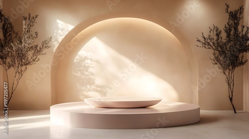 Elegant stone podium under arched light-filled alcove