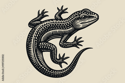 Vintage black and white lizard engraving, vector illustration