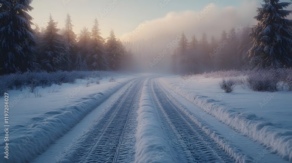 Winter tire detail emerges from snowy road surface with fresh snow-covered landscape behind. Tire tracks cut through snow against misty winter forest backdrop in atmospheric cold scene. Winter tire detail emerges from snowy road surface with fresh snow-covered landscape behind. Tire tracks cut through snow against misty winter forest backdrop in atmospheric cold scene.