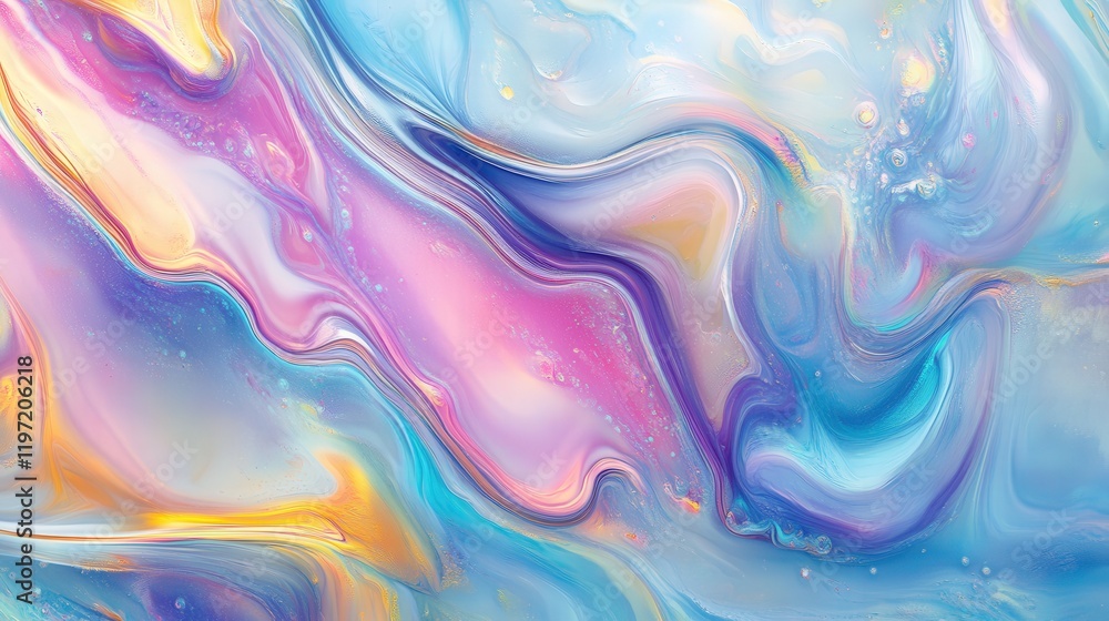 Abstract Fluid Design with Iridescent Colors and Soft Swirls of Pink, Blue, and Yellow for Artistic Backgrounds and Creative Projects