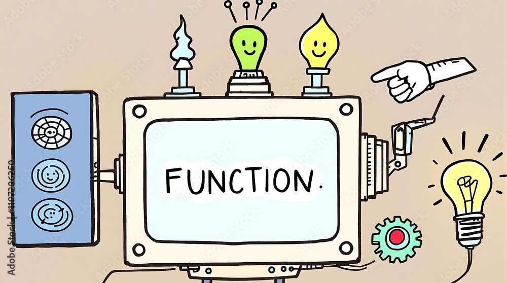 Naklejka premium Illustration of programming functions with machine cogs and wheels stylized as doodles, representing code execution mechanics