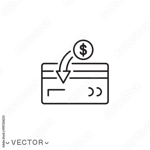 cash back on the card bank icon, gift bonuses, rebate money, reward programs, financial refund thin line symbol concept isolated on white background, editable stroke eps 10 vector illustration