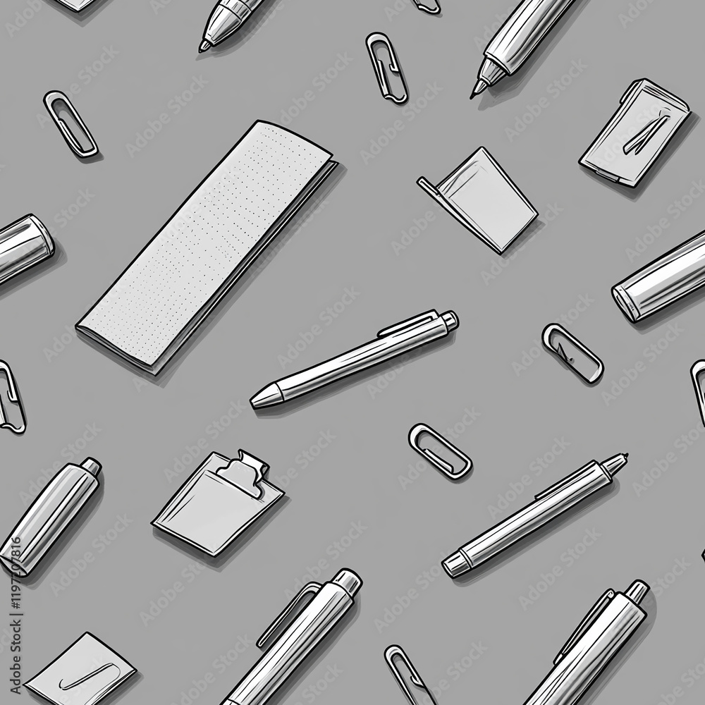 Hand-drawn stationery pattern with pens and paperclips texture Hand-drawn stationery pattern with pens and paperclips texture