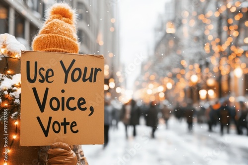 A street protest advocating for voter rights, with participants holding signs and banners urging people to â€œUse Your Voice, Voteâ€ photo