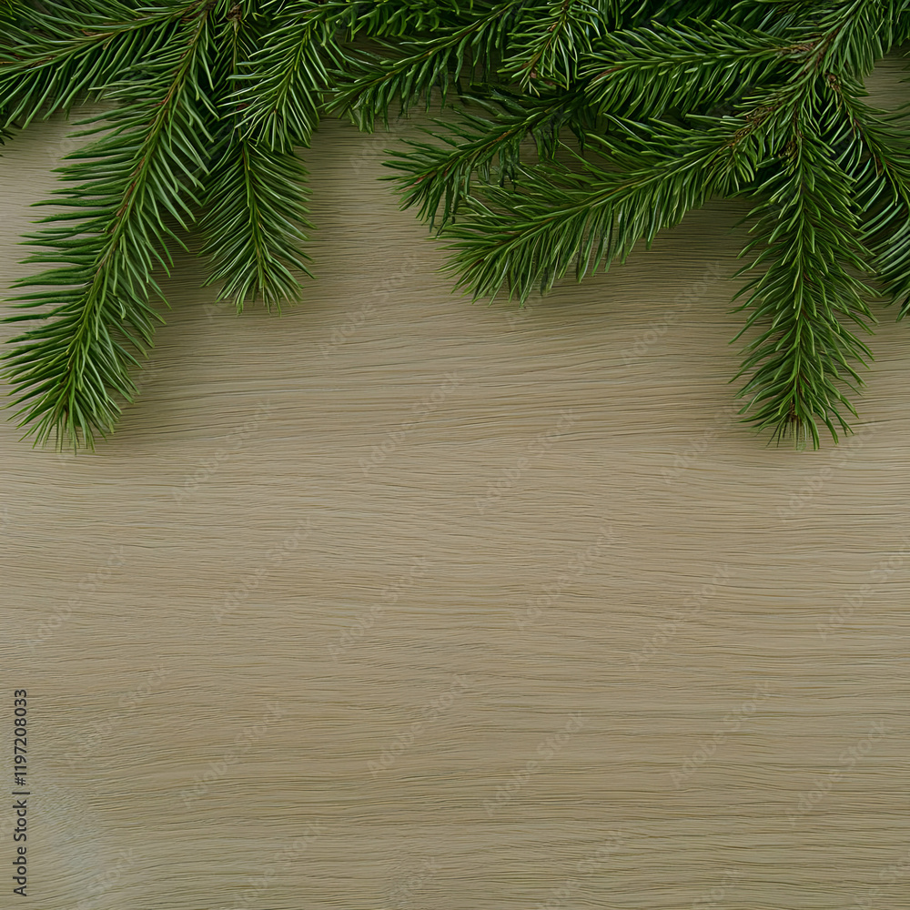 Green Pine Branches on Beige Wood Background Illustration Green Pine Branches on Beige Wood Background Illustration