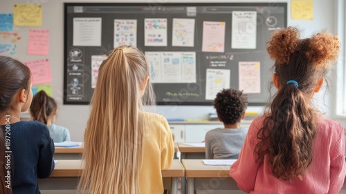 Education technology and gamification concept. Children attentively observing a classroom environment with a blackboard filled with colorful notes and posters.