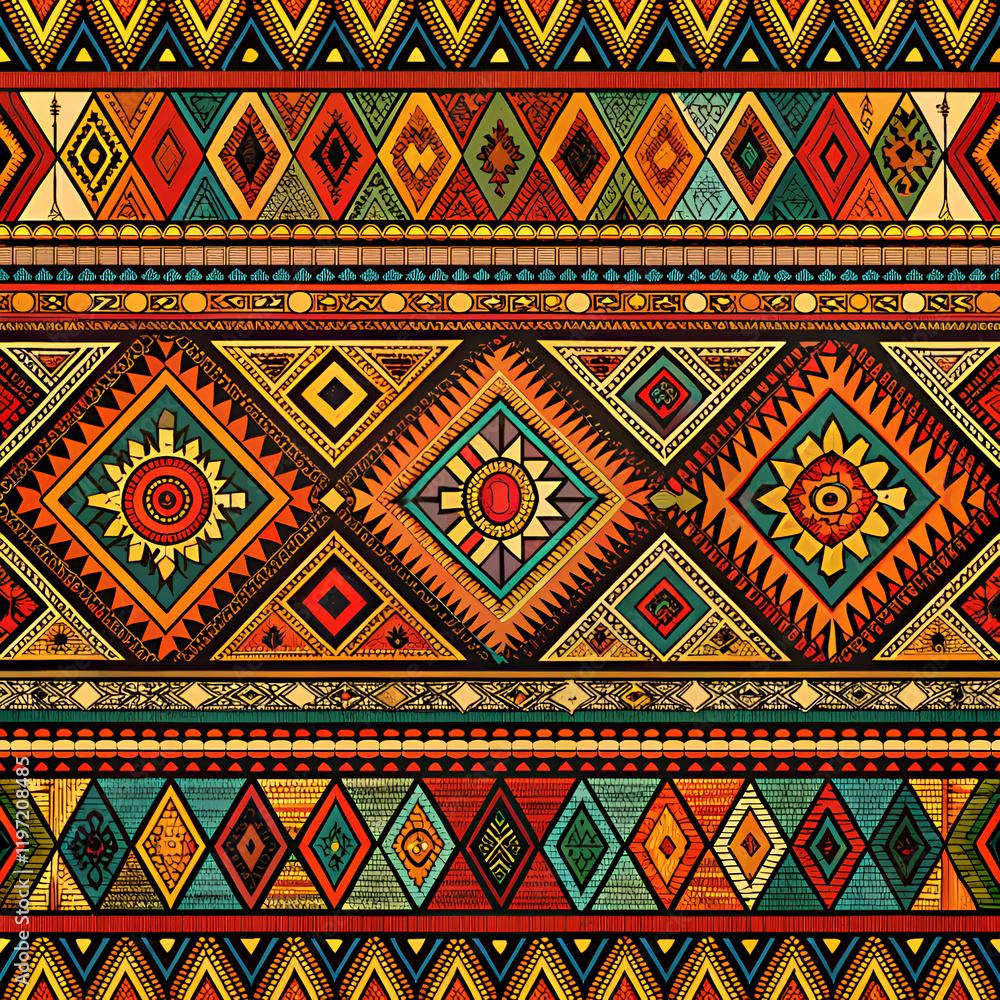 Vibrant Tribal Aztec Pattern with Geometric Shapes and Bright Colors. Vibrant Tribal Aztec Pattern with Geometric Shapes and Bright Colors.
