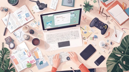 Education technology and gamification concept. A top-down view of a workspace featuring a laptop, gaming controller, and various stationery items amidst plants.