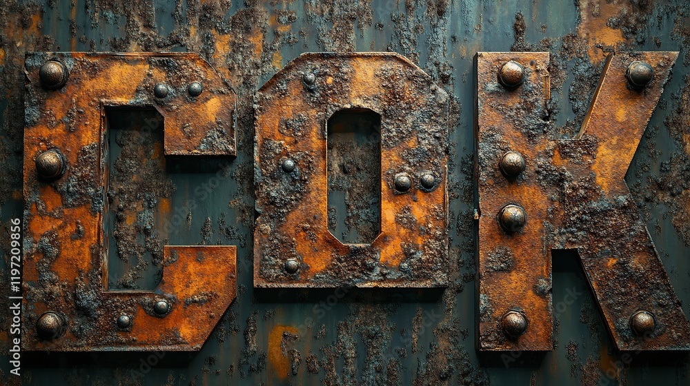 Typography created using patches of rusted steel and aged rivets Typography created using patches of rusted steel and aged rivets