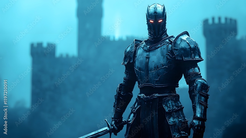 A Cybernetic Knight Defending a Glowing Futuristic Castle in a Dark Stormy Landscape A Cybernetic Knight Defending a Glowing Futuristic Castle in a Dark Stormy Landscape