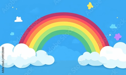 Rainbow, clouds, stars, and blue sky cartoon illustration.