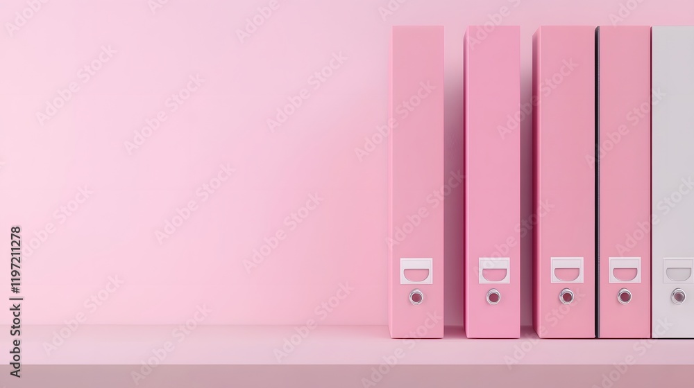 Sleek Filing Folders with Labeled Spines Arranged on a Pastel Rose Shelf,3D Sleek Filing Folders with Labeled Spines Arranged on a Pastel Rose Shelf,3D