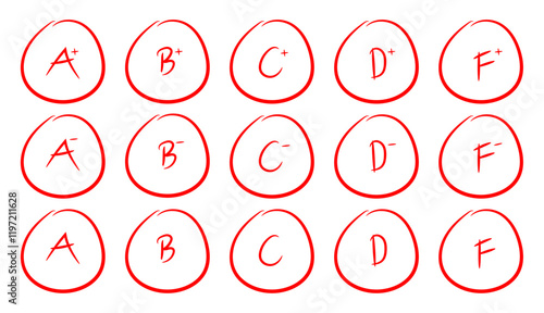 Grade result icon school assessment exam education mark A to F red hand drawn circles pass fail vector button icons collection