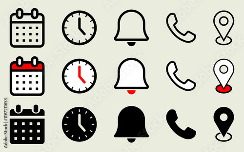 Location calendar phone notification clock icon set stopwatch appointment alarm reminder attention notice map call vector buttons