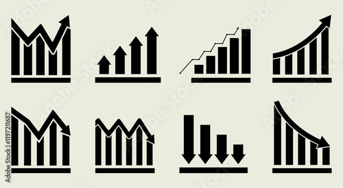 Business growing graph icon set profit increase decrease arrow up down market investment business finance vector black buttons