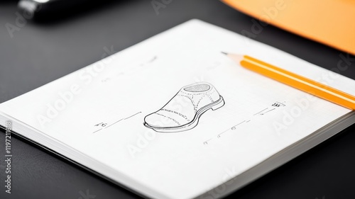 Sketch of shoe design on white notebook with pencil photo