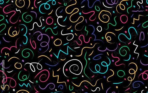 Vivied line doodle seamless pattern trendy 90s retro style kids party confetti texture childish scribble retro style vintage texture