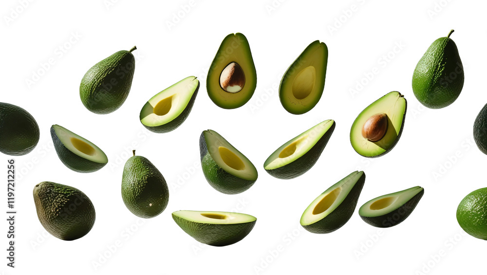 Falling avocado slices isolated on transparent background Falling avocado slices isolated on transparent background