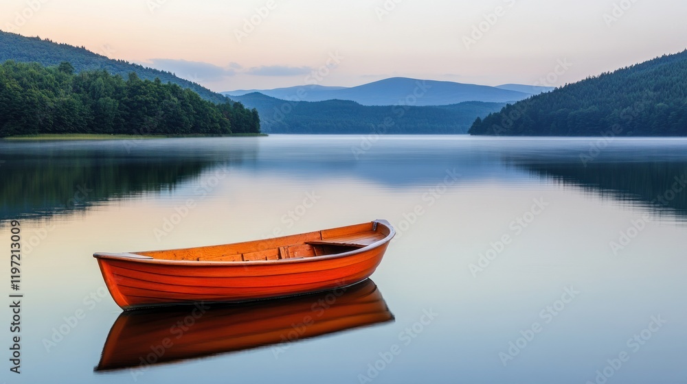 Tranquil Lake and Rowboat at Dawn Tranquil Lake and Rowboat at Dawn