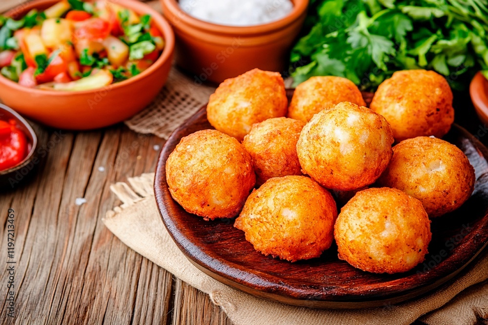 Freshly made golden fritters served with vibrant salsa and herbs in a rustic setting Freshly made golden fritters served with vibrant salsa and herbs in a rustic setting
