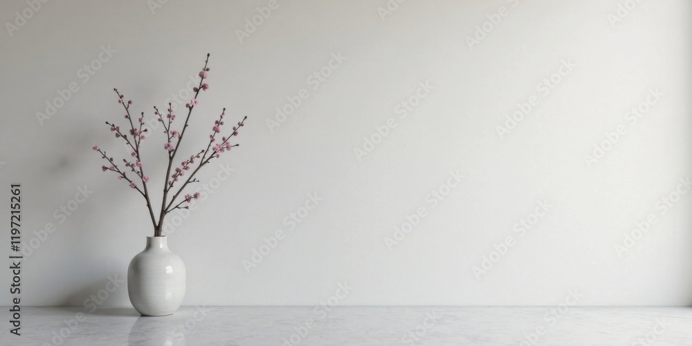 Minimalist interior design featuring a delicate blossoming branch in a simple white vase against a neutral backdrop Minimalist interior design featuring a delicate blossoming branch in a simple white vase against a neutral backdrop