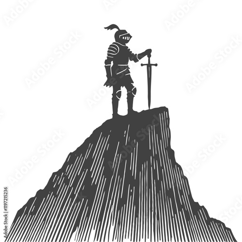 Knight Standing on Mountain Peak with a Sword, Medieval Warrior Illustration