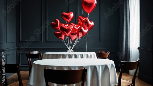 Romantic Setting with Red Heart Balloons Above a White Table in a Cozy Dark Room with Chairs

 photo