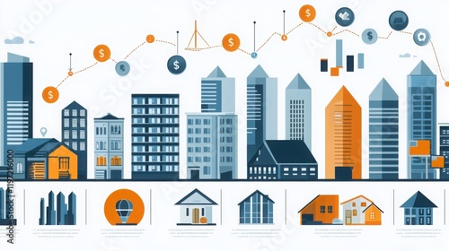 A vibrant cityscape illustration featuring various building styles, housing icons, and a data graph, symbolizing urban development and real estate trends.
