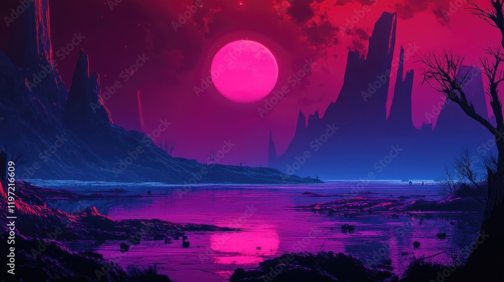 Naklejka premium Pink Moon Over Alien Lake: A Surreal Landscape
