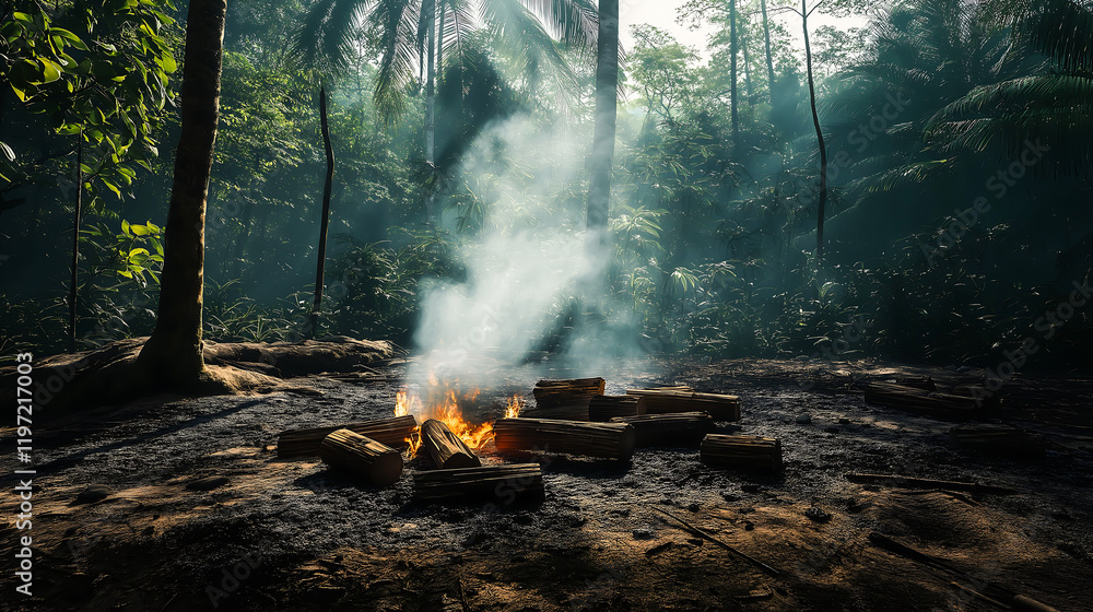 A burnt down campfire in the forest and the wood logs are still glowing but no fire but and some smoke A burnt down campfire in the forest and the wood logs are still glowing but no fire but and some smoke